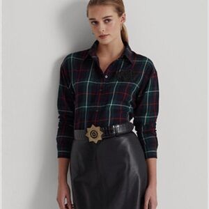 LAUREN RALPH LAUREN BULLION PATCH PLAID BUTTON UP TWILL SHIRT IN HUNTER GREEN